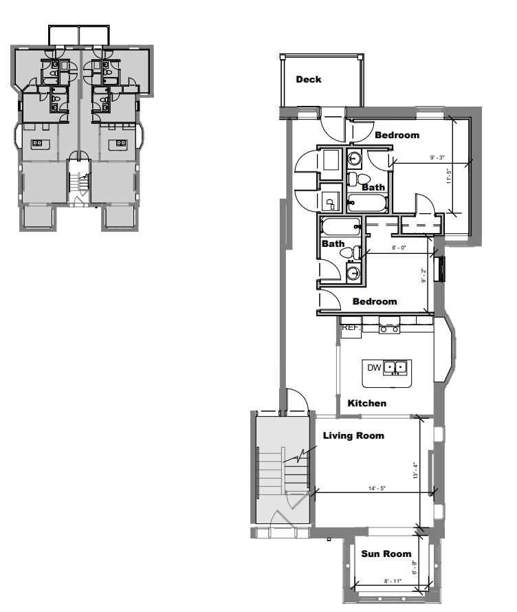 Floor plan for 2 beds, 2 baths, 988 sqft